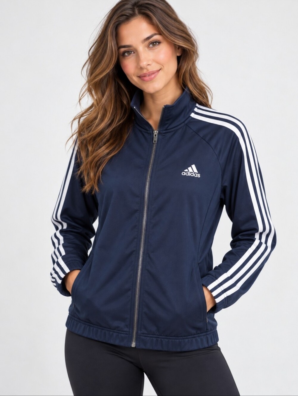 Adidas Women’s Large Navy Blue 3 Stripe Full Zip Track Jacket Athletic